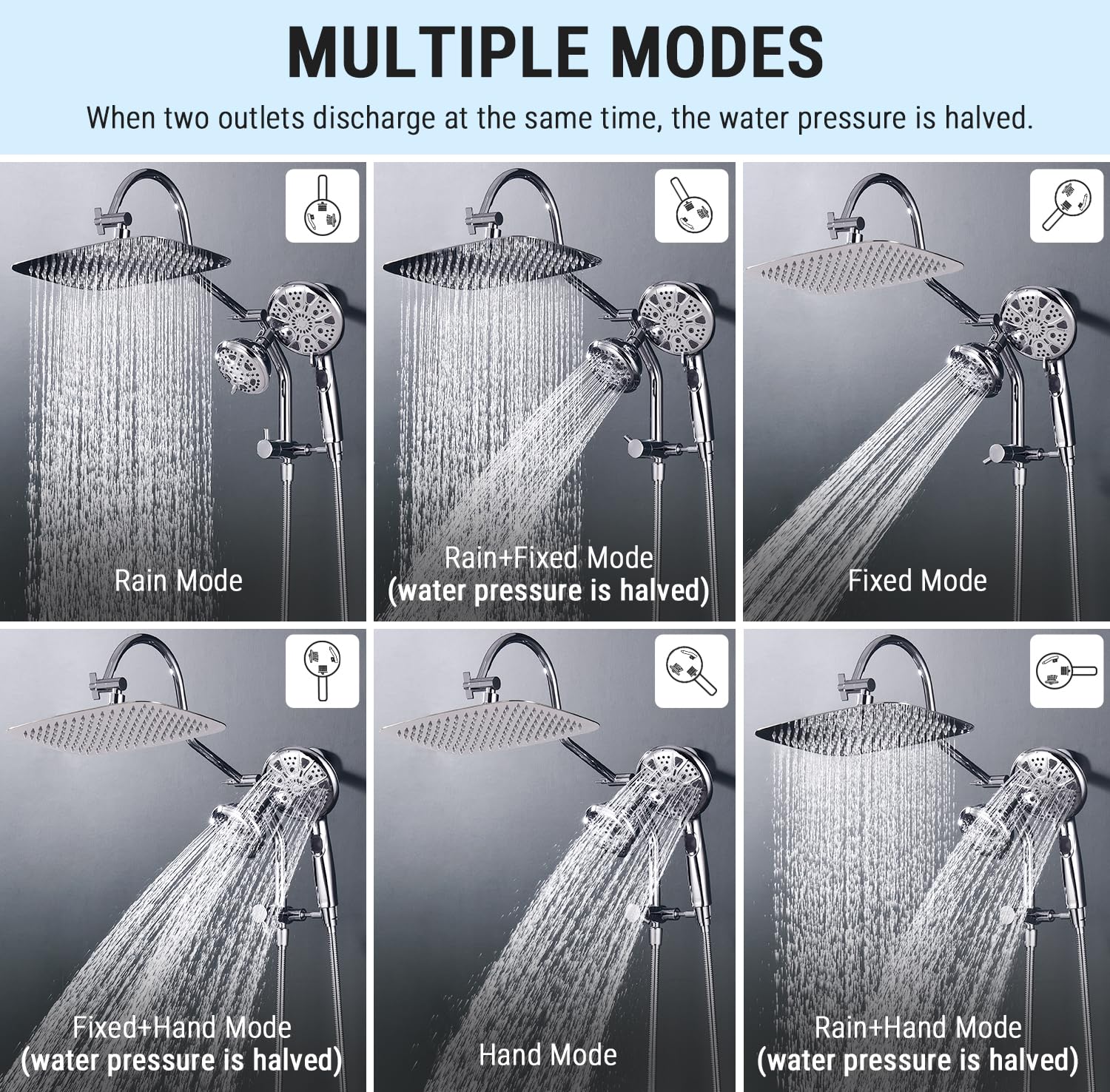 G-Promise 12 Inch Metal Rain Shower Head with Handheld Spray Combo, Massage Fixed and 7+2 Function Handheld Showerhead, Extended Diverter with 12 Inch Extension Arm, Extra Long stainless steels Hose