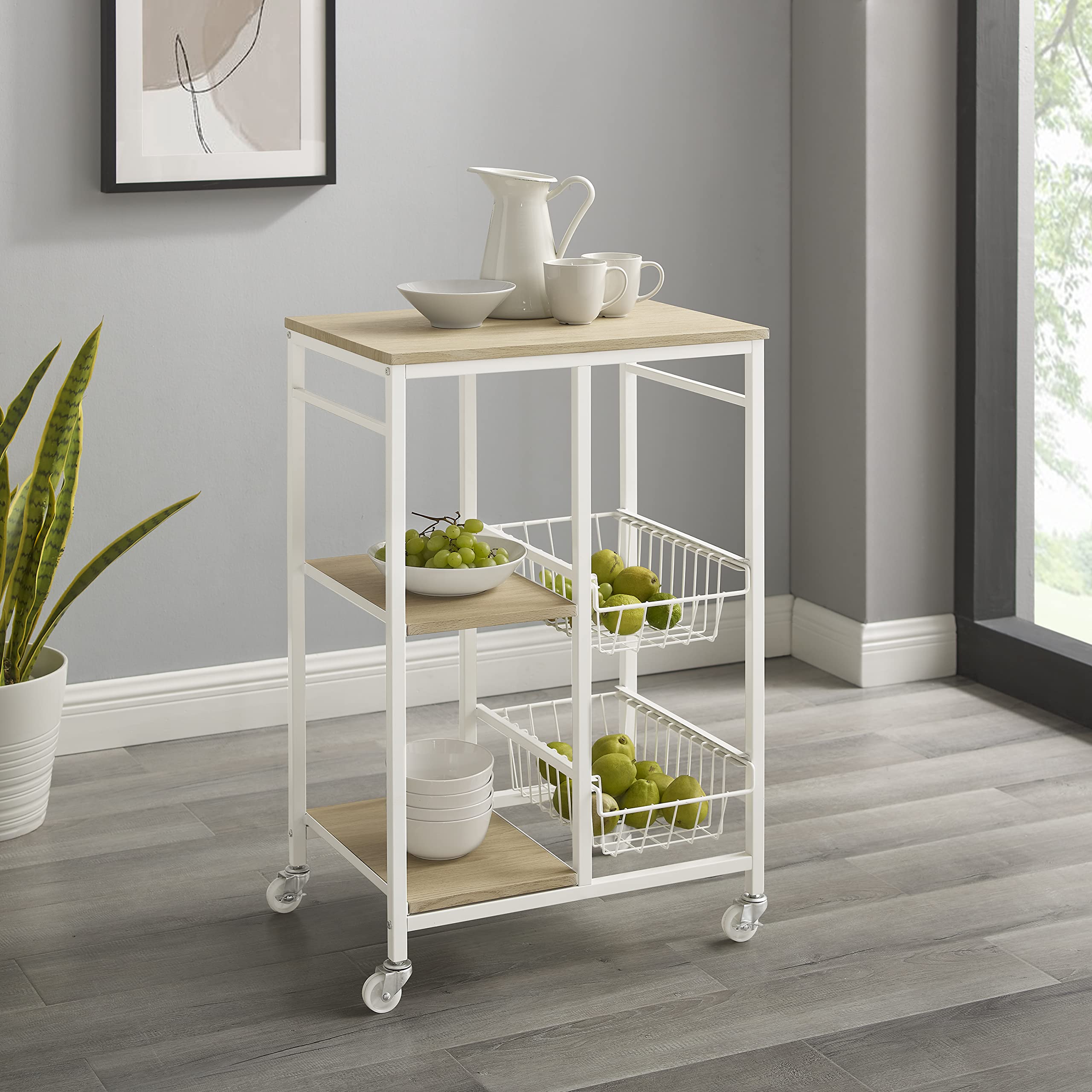 White and Natural Kennedy Small Metal Rolling Kitchen Storage Cart