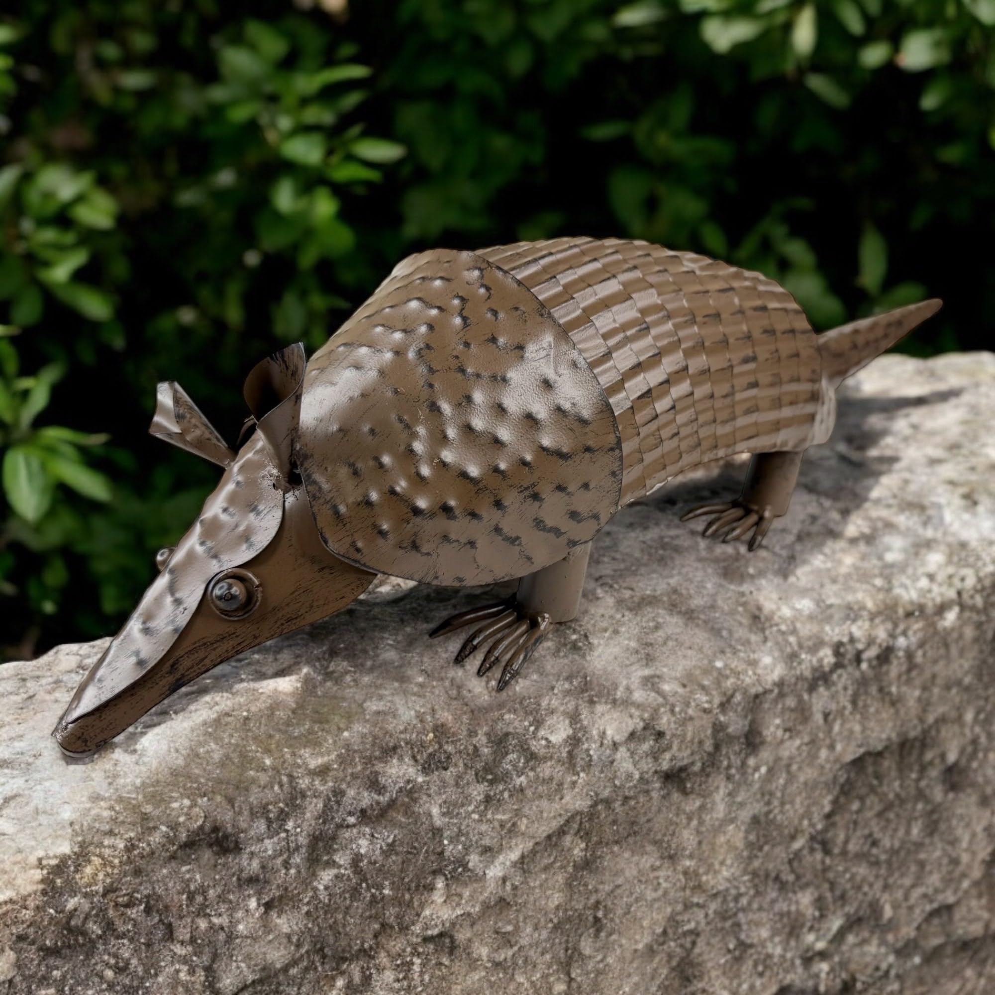 22” Rustic Metal Armadillo Sculpture – Large Textured Welded Iron with Springy