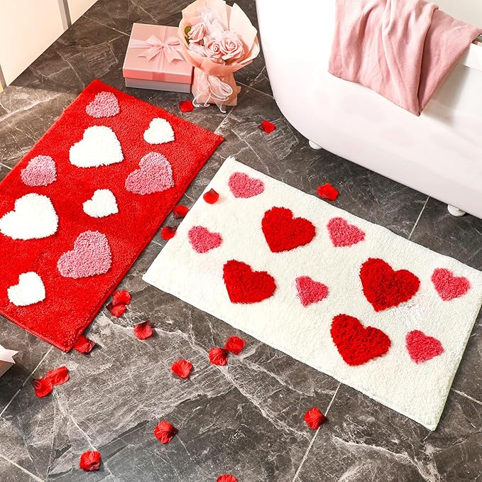 2 Pcs Pink Bow Rugs Non Slip Coquette Mats 17.2 x 29.3 Inch Pink Scalloped Bathroom