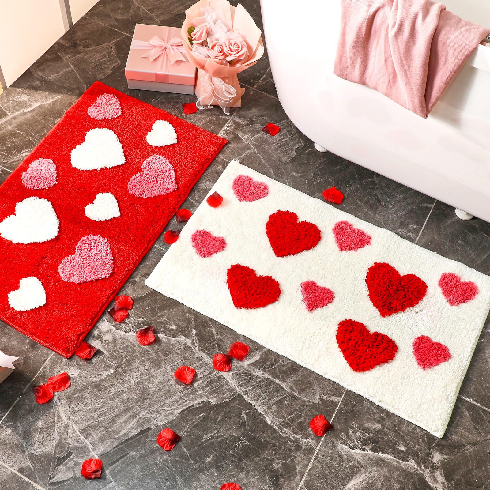 2 Pcs Pink Bow Rugs Non Slip Coquette Mats 17.2 x 29.3 Inch Pink Scalloped Bathroom