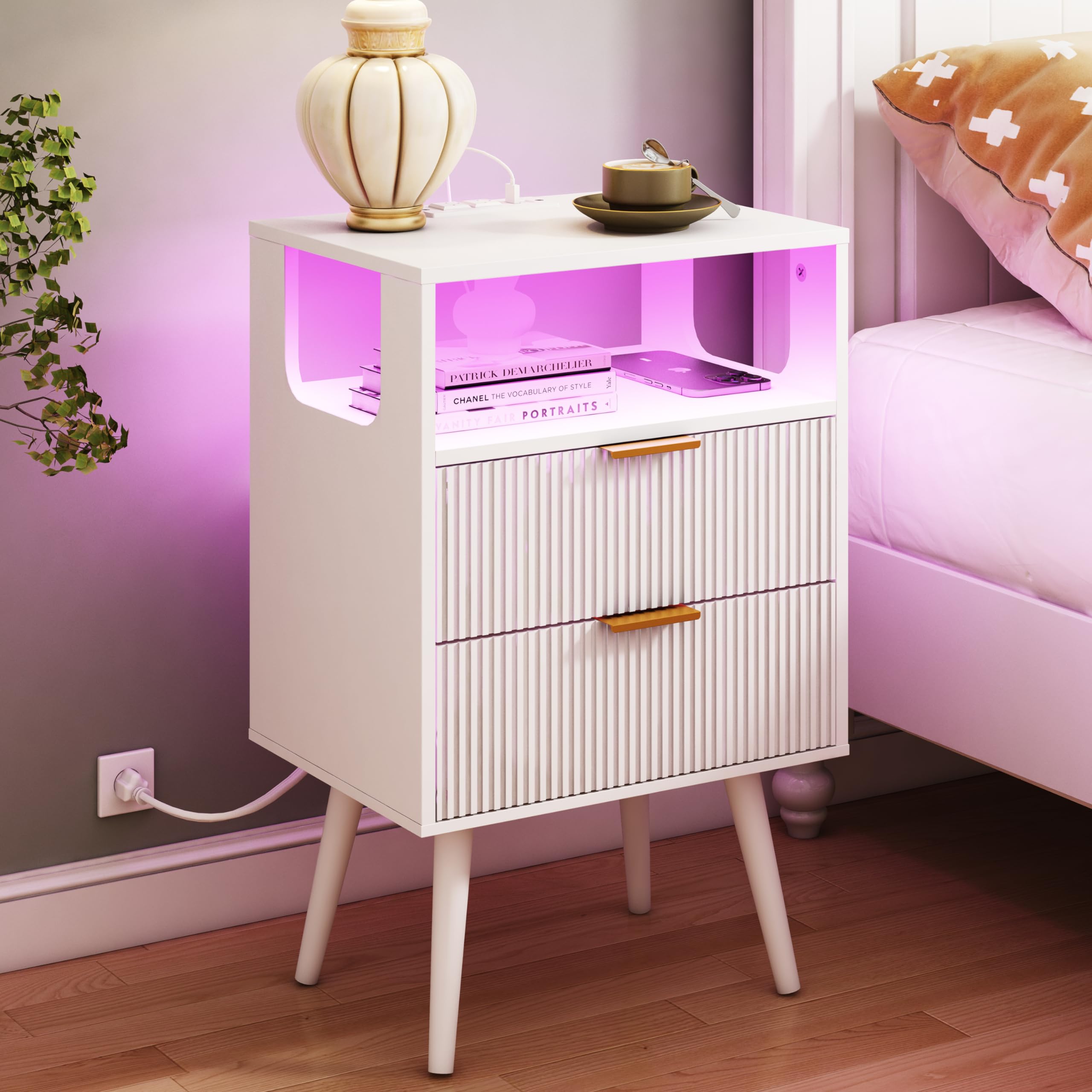 Bedroom Furniture Nightstand with Charging Station and LED Lights,Modern Bedside Table