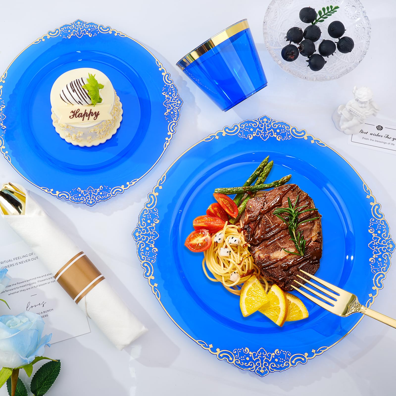 350 PCS Blue and Gold Plastic Plates, Disposable Dinnerware Set for 50 Guests