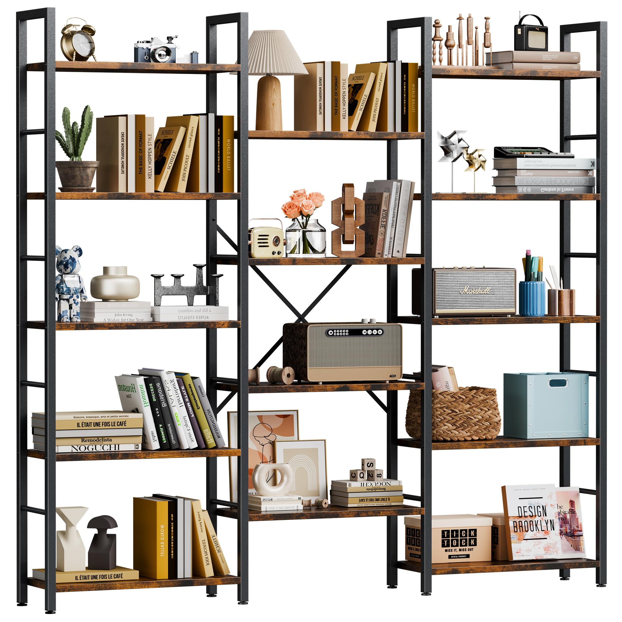 Triple Column 5 Tier Bookshelf, Industrial Large Bookcase with 14 Open Display Shelves