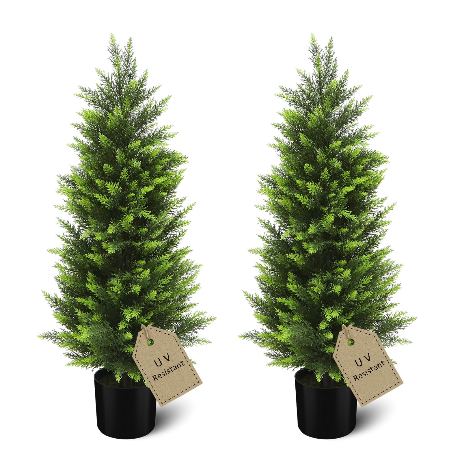 3FT Artificial Cedar Topiary Trees Set of 2, Realistic Potted Fake Cypress Tree Faux