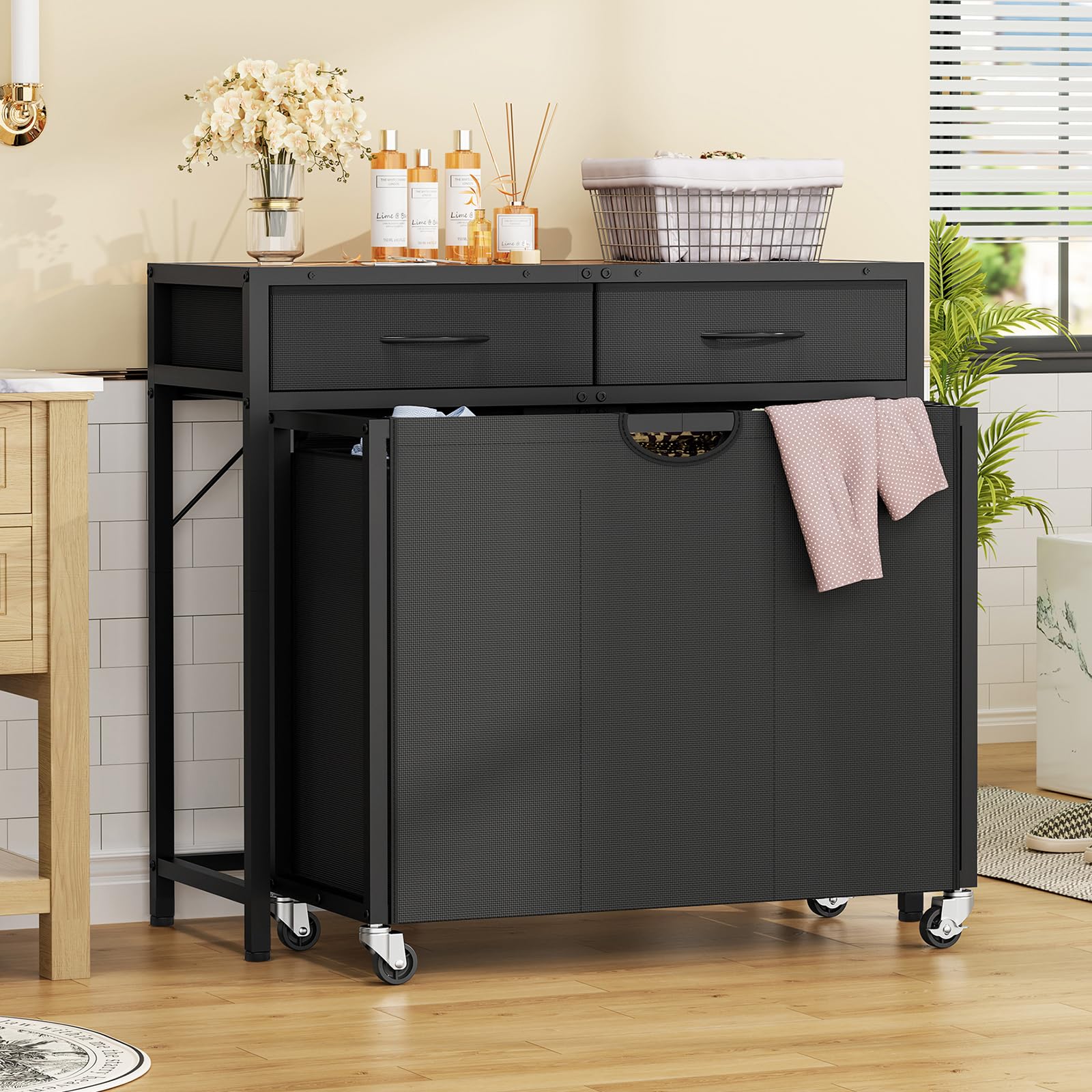 Laundry Sorter, Rolling Laundry Hamper with 3 Section Pull-Out Bags, Laundry Basket