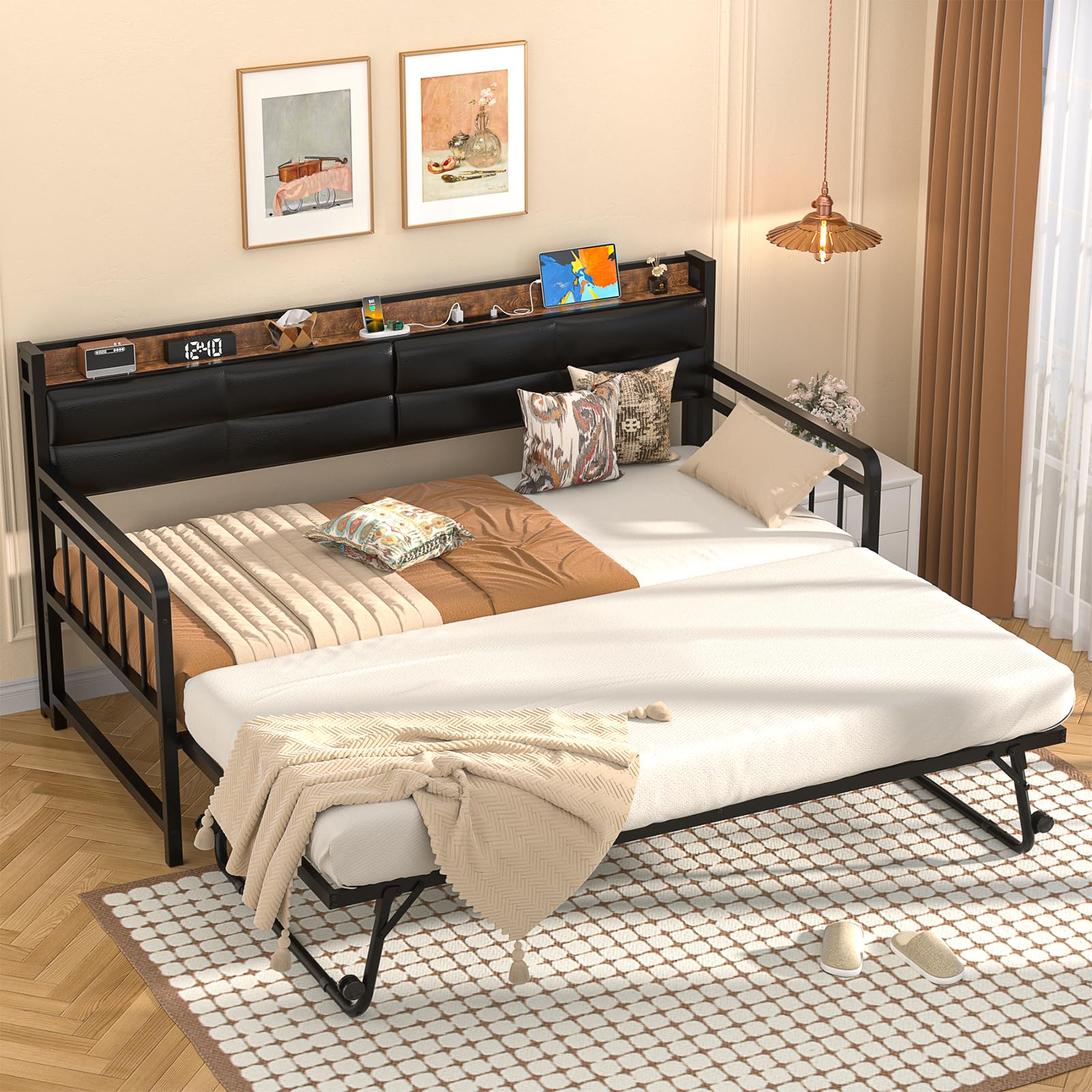 Daybed with Trundle, Twin Day Bed with Upholstered Headboard and Charging Station
