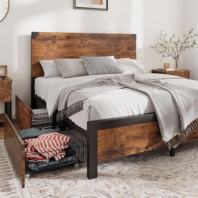 Full Size Bed Frame with 4 Storage Drawers and Heavy Duty