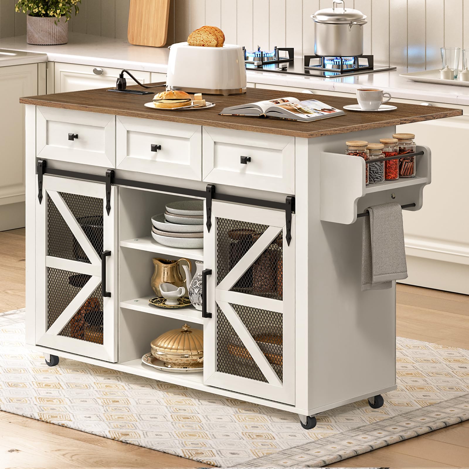 Kitchen Island with Storage, Kitchen Cart with Charging Station