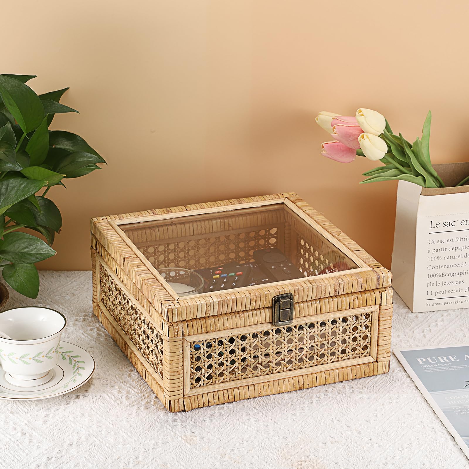 Hipiwe Rattan Decorative Box with Clear Lid and Lock - Large Wicker Storage Basket Bin Handwoven Natural Rattan Basket Organizer Wood and Cane Display Box for Shelf Home Decor,11"x11"x5.1"