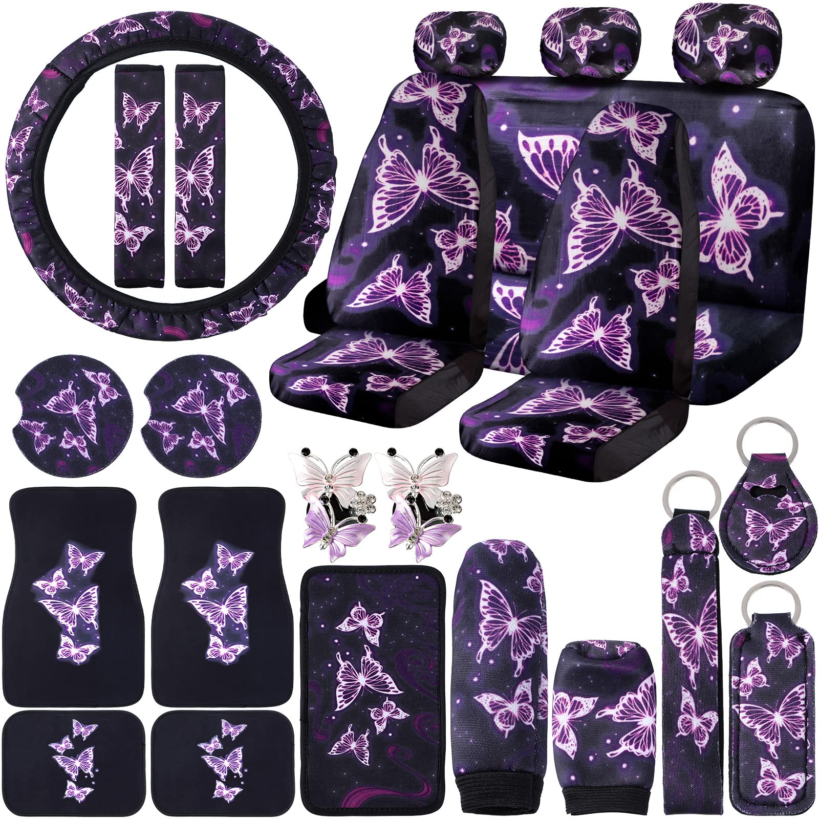 24 PCS Butterfly Car Accessories Car Seat Covers Full Set Floor Mats Steering Wheel