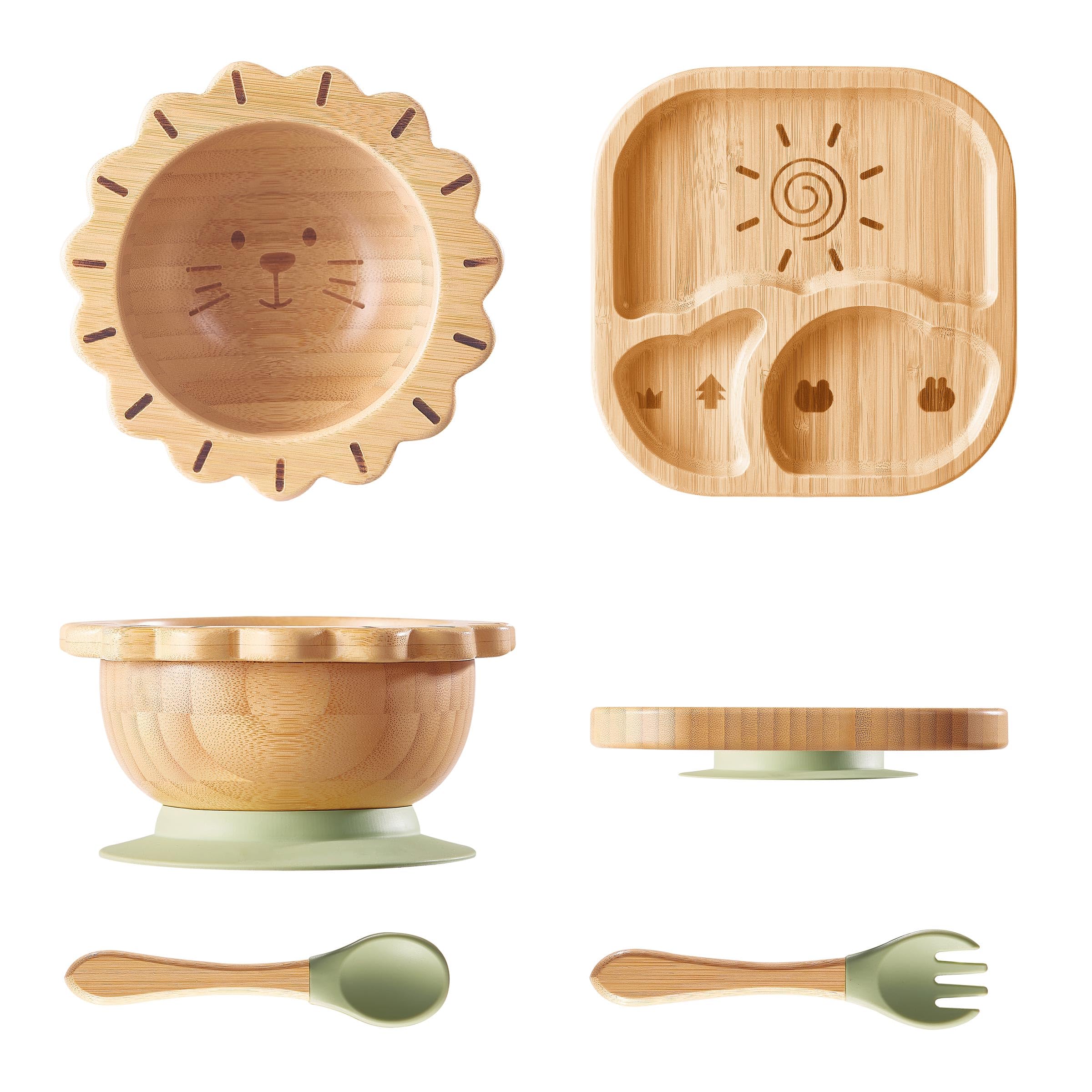 Suction Plates Bowls Set for Baby Toddler Non-Toxic Bamboo Feeding Set with Silicone