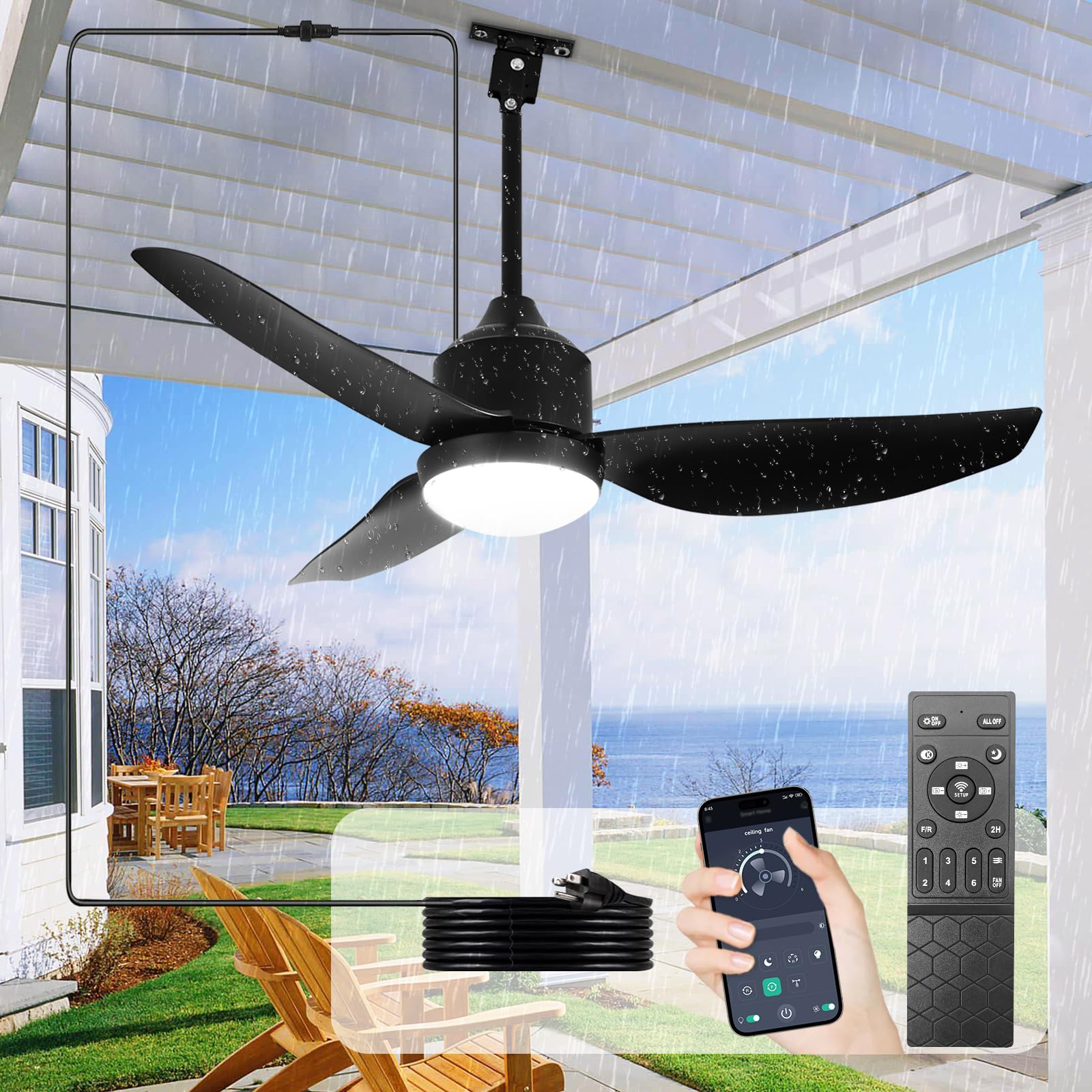 Outdoor Ceiling Fan with Light: 42 Inch Black Waterproof Gazebo Fans