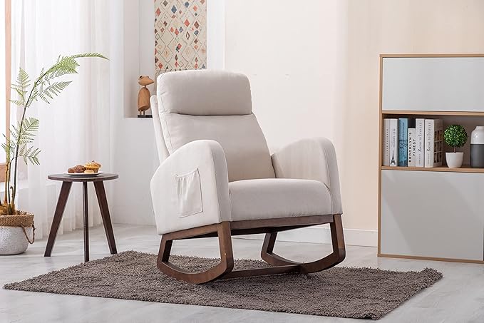 Rocking Chair Nursery, Glider Chair with High Back and Side Pocket, Solid Wood