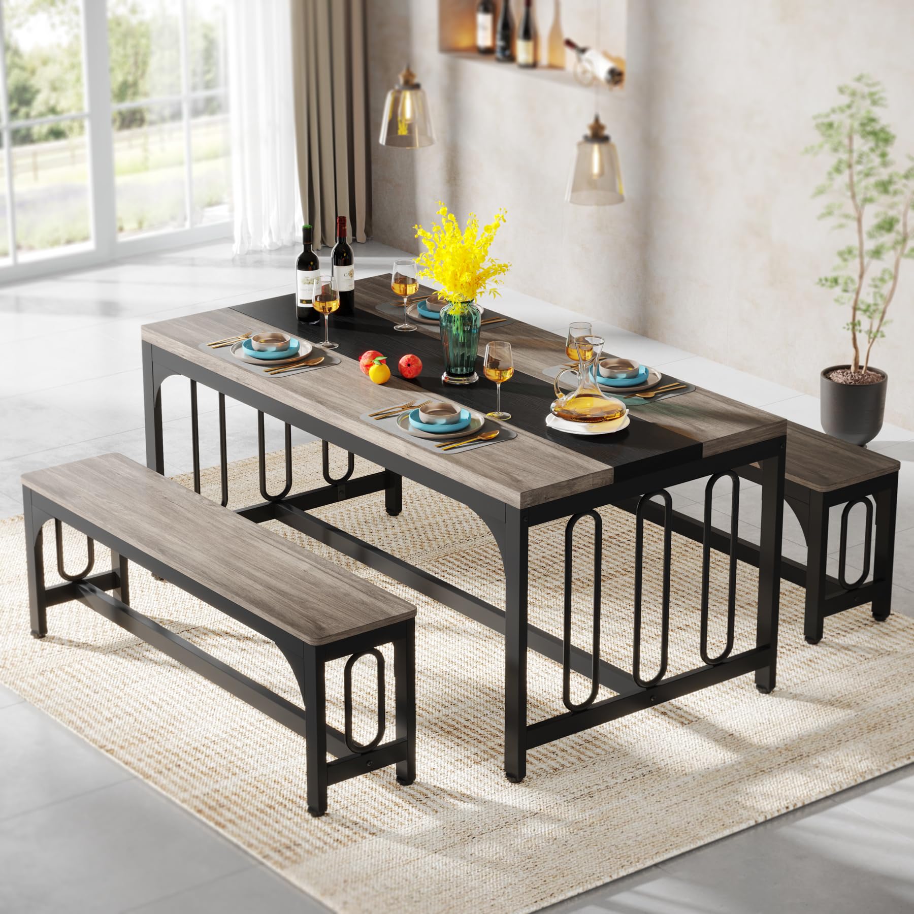 Dining Table Set for 4, Farmhouse Kitchen Table with 2 Benches
