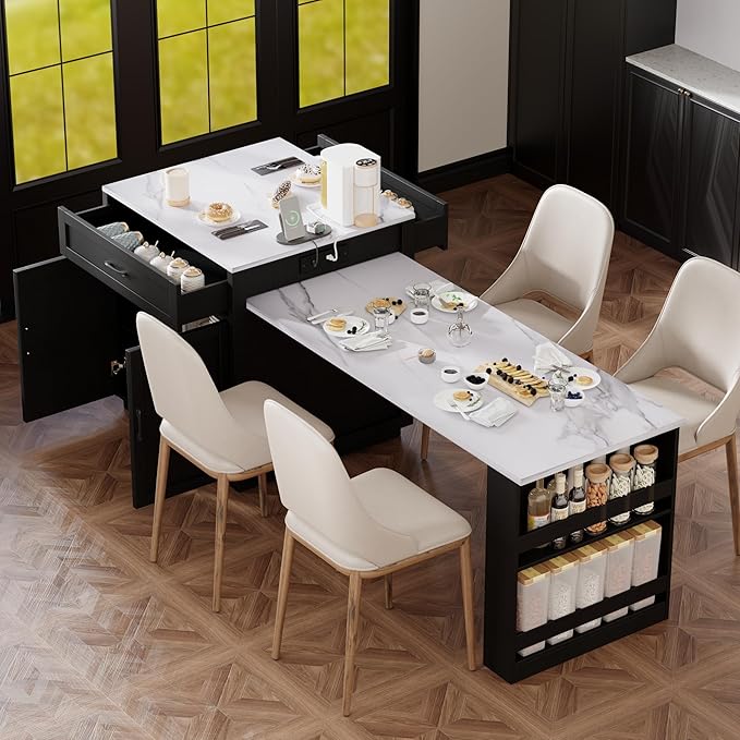 7" Kitchen Island with Extendable Dining Table for 4-6, with Storage, Charging Station