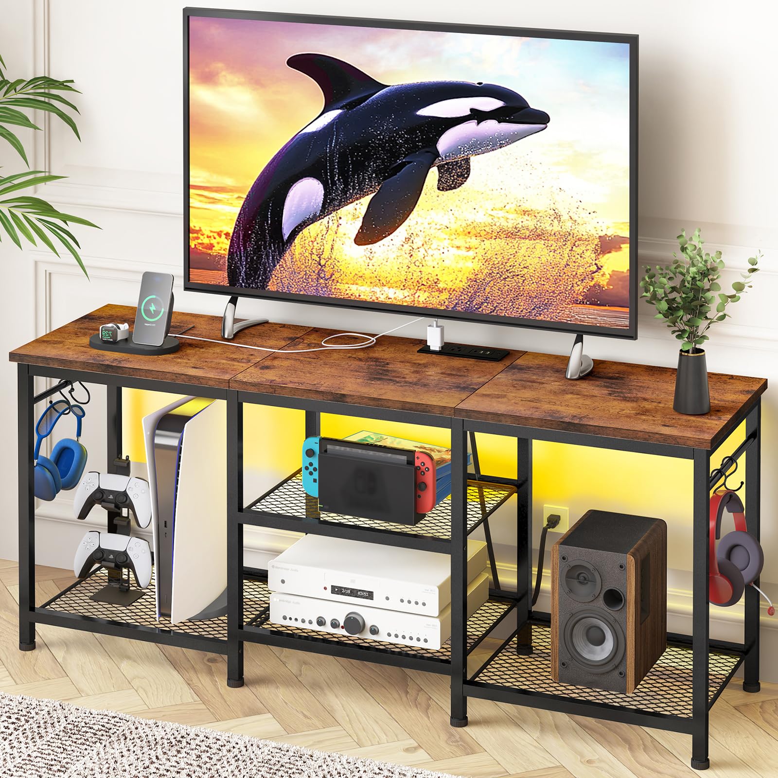 TV Stand Entertainment Center for 55 Inch TVs, with Charging Station and Lights