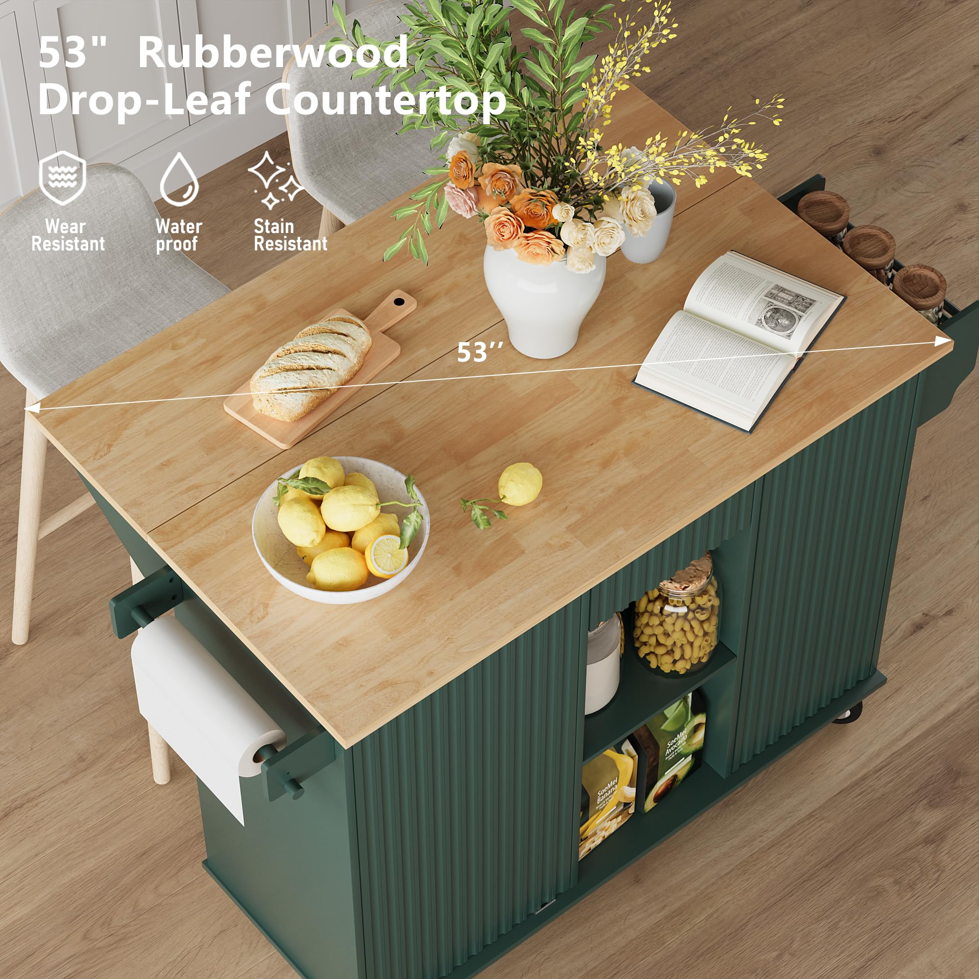 win2win Rolling Kitchen Island with Trash Can Storage, Portable Kitchen Island with Drop Leaf, Modern Farmhouse Kitchens Cart on Wheels with Fluted Design, Towel Rack, Spice Rack, Olive Green