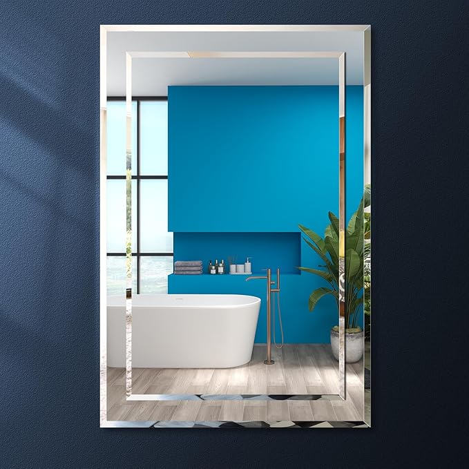 on Mirror Wall Mirror Beveled Edge Polished Frameless Rectangle Bathroom