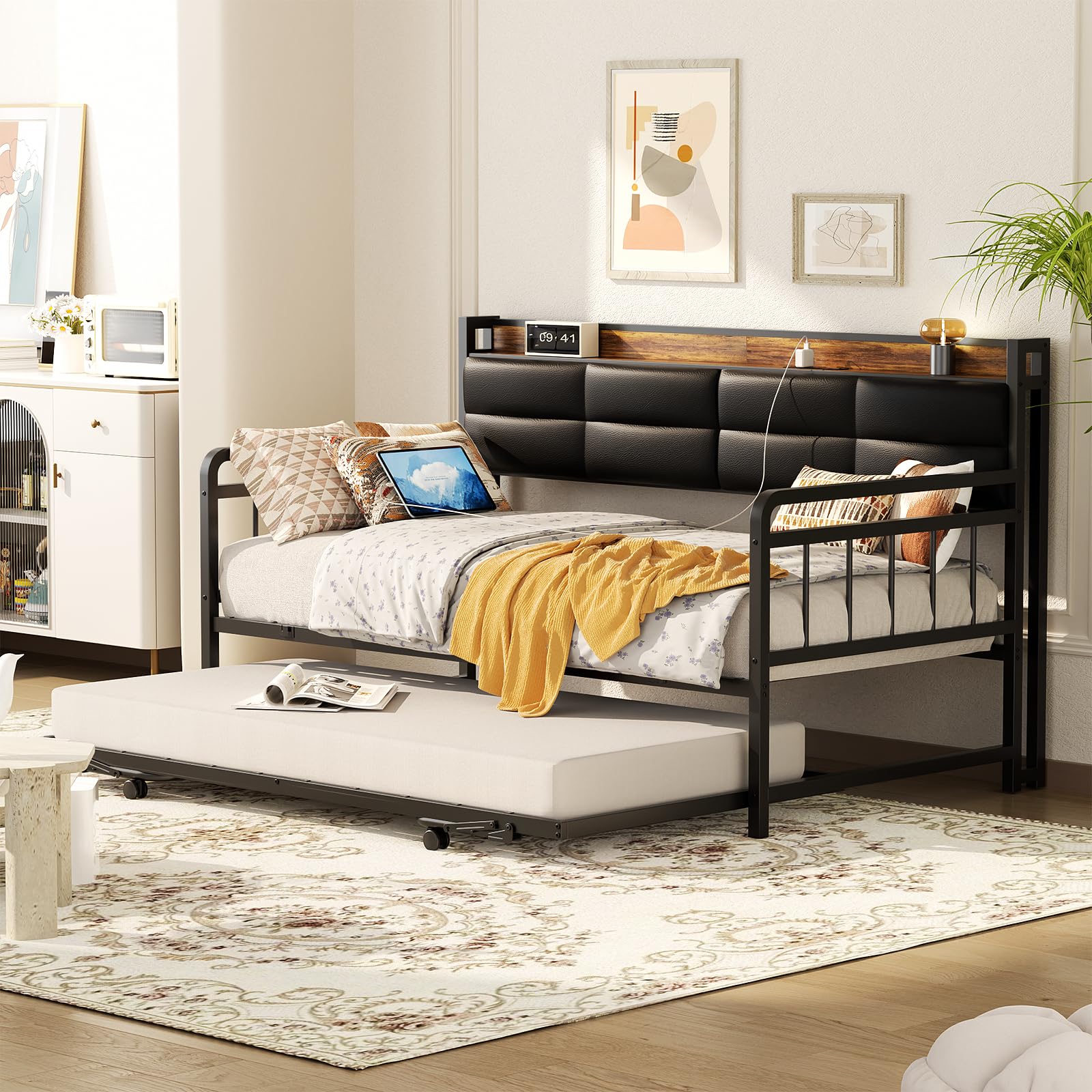 Daybed with Trundle, Twin Day Bed with Upholstered Headboard and Charging Station