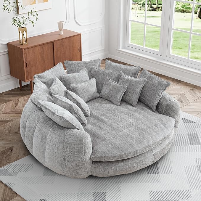 81.1" W Oversized Round Chaise Lounge, Fluffy Lazy Bean Bag Sofa,living room