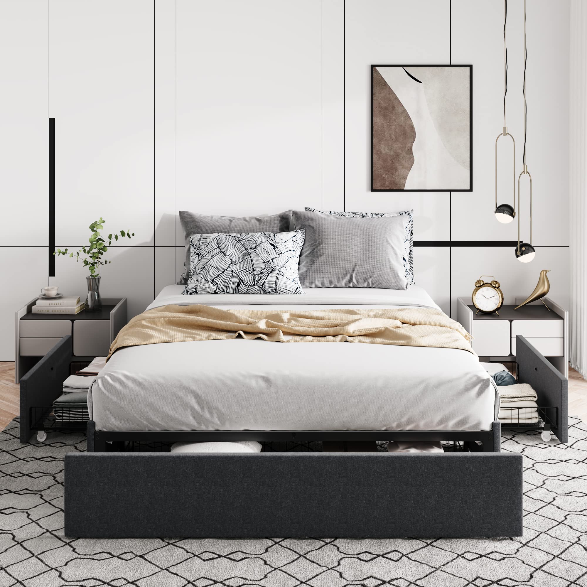 Queen Size Platform Bed Frame with 3 Storage Drawers