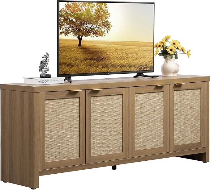 TV Stand for Living Room Boho Entertainment Center for Bedroom with 4 Rattan