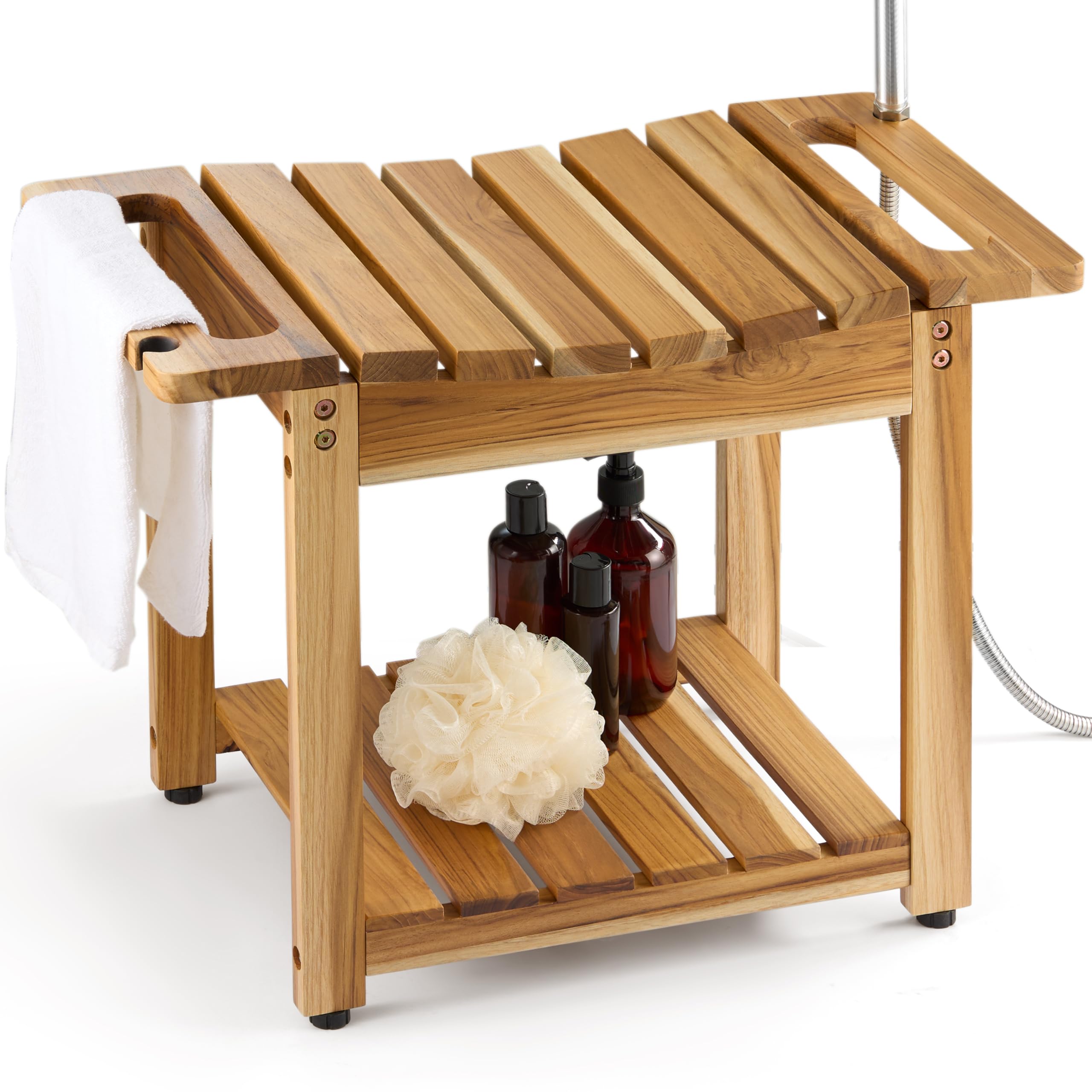 LotusSway Teak Shower Bench Seat with Storage Shelf, Wood Shower Benches for Inside Shower to Sit on, Teak Shower Stool & Spa for Elderly with Shower Head Holder & Built in Handle for Bathroom/Outdoor