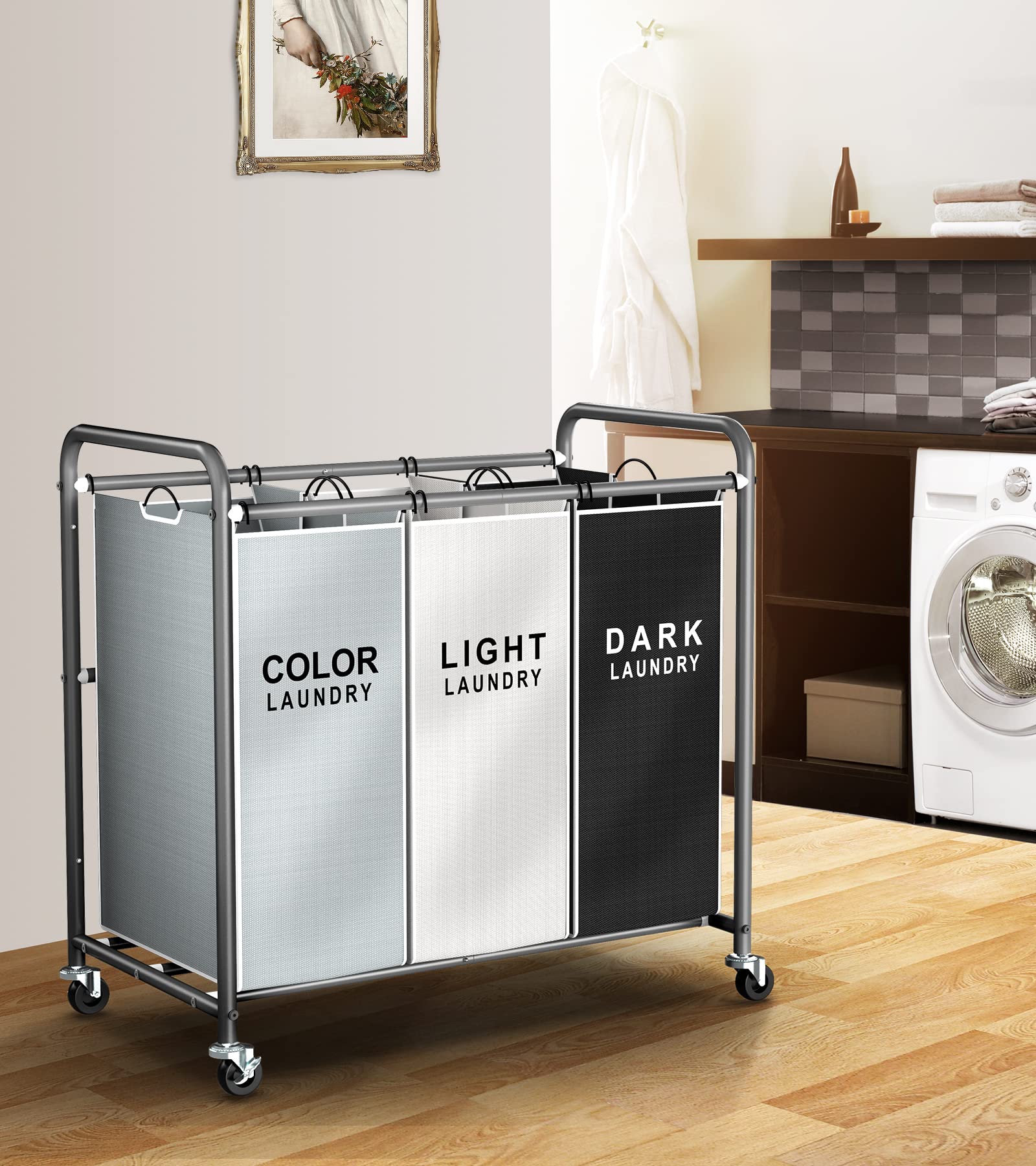Laundry Sorter 3 Section, Separated Laundry Basket with Wheels
