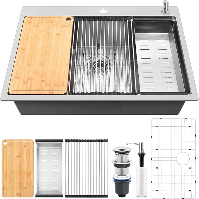 33x22 Inch Drop In Kitchen Sink with Faucet Combo 18/10 Stainless Steel Brushed