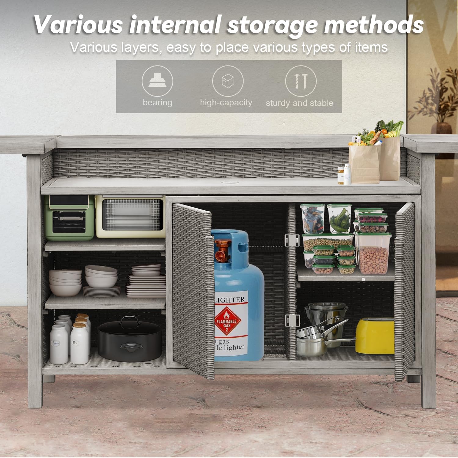 Domi Outdoor Home Bar Unit, All-Weather Wicker & Aluminum Frame Farmhouse Bar Furniture with Storage, Waterproof Rattan Buffet Table with Shelves and Cabinet, Easy-to-Clean for Patio Kitchen