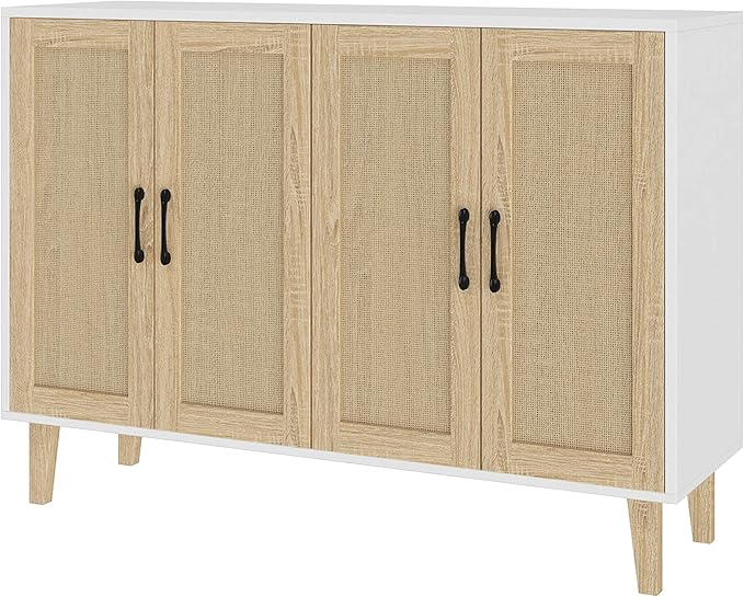 Buffet Storage Cabinet with Rattan Decorating 4 Doors Living Room Kitchen