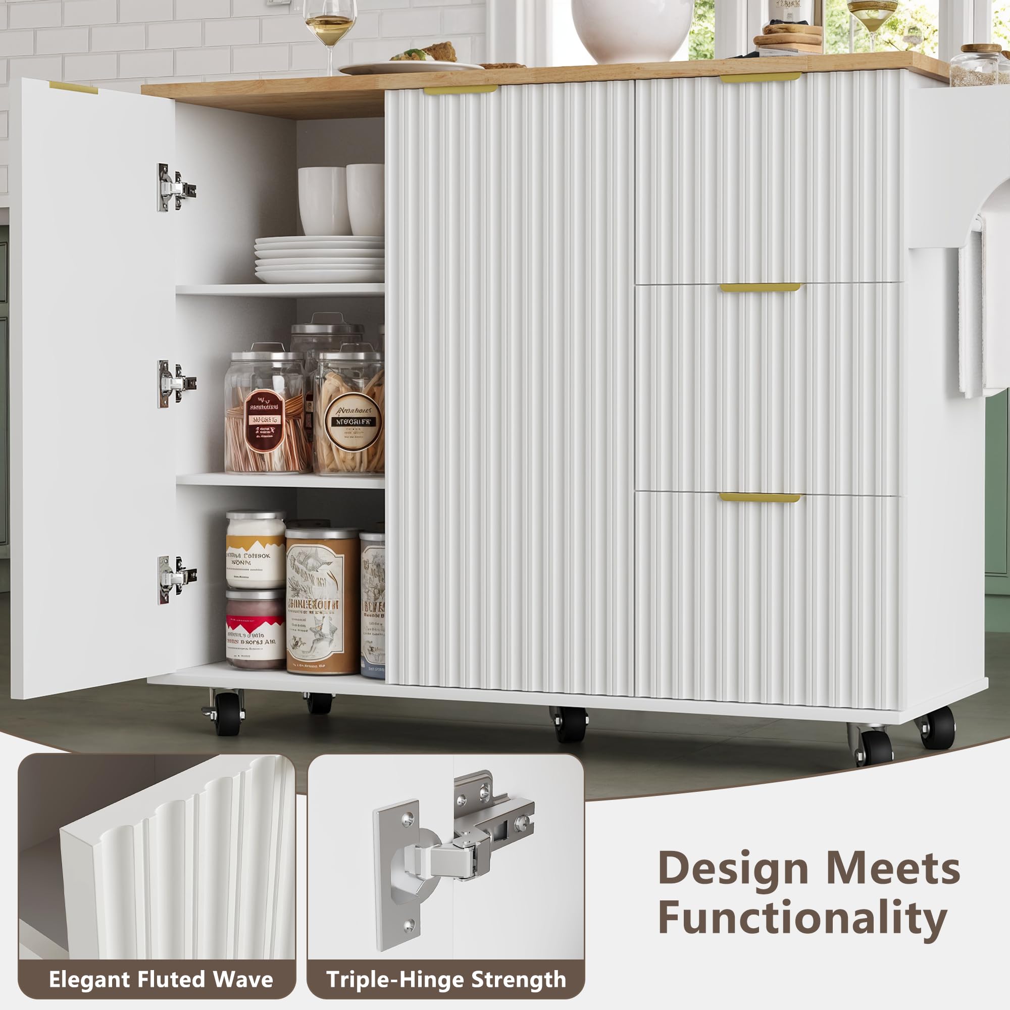 win2win Rolling Kitchen Island with Storage, Portable Kitchen Island with Drop Leaf Breakfast Bar, Modern Farmhouse Bar Cart on Wheels with Fluted Design, Towel Rack, Spice Rack, White