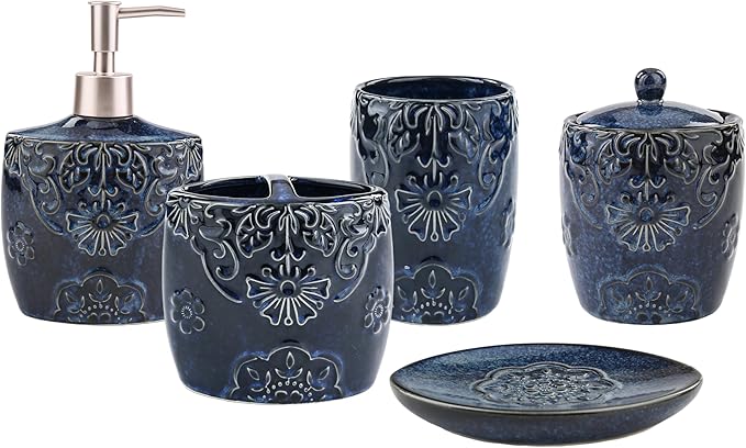 5-Piece Ceramic Bathroom Sink Set - Soap Dispenser & Toothbrush Holder Combo