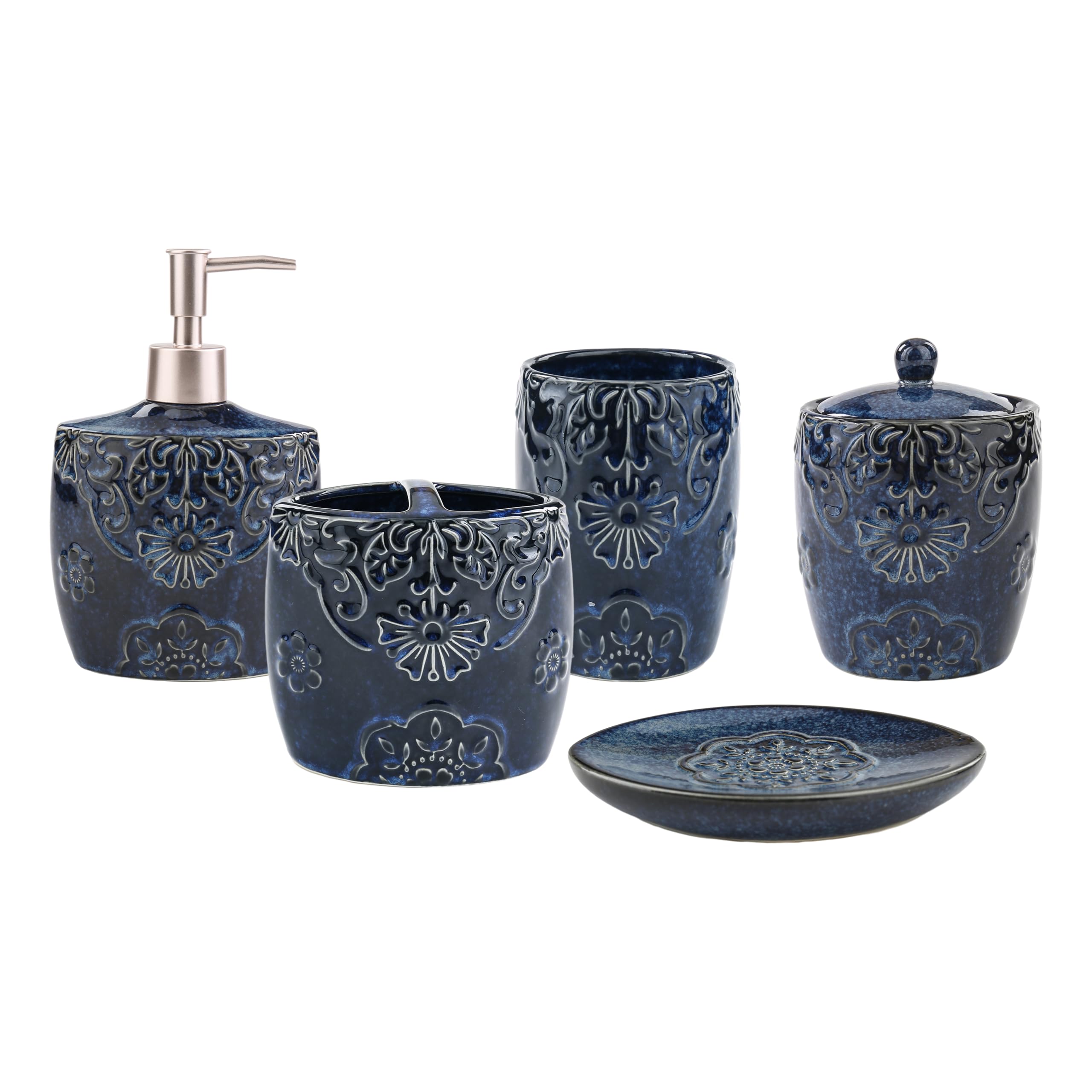 5-Piece Ceramic Bathroom Sink Set - Soap Dispenser & Toothbrush Holder Combo