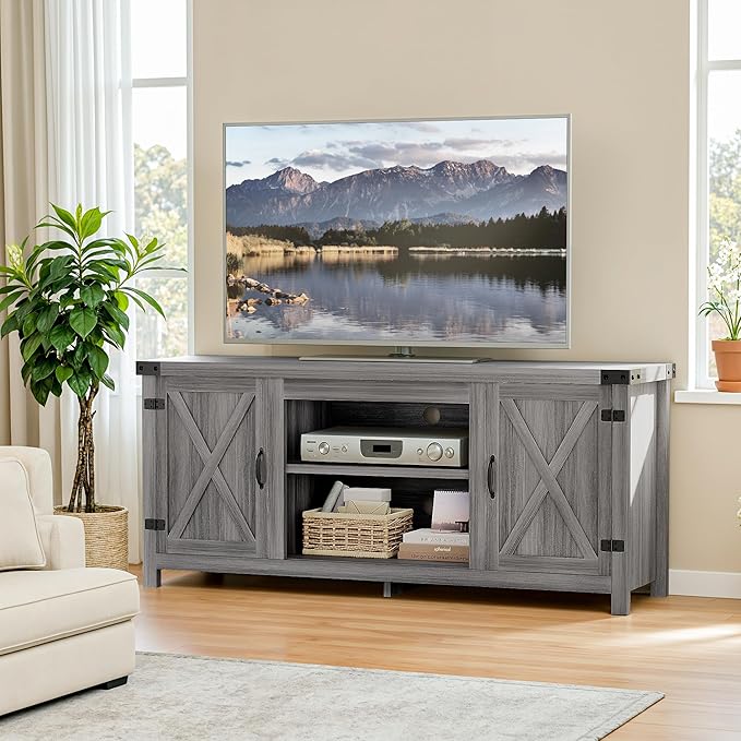 TV Stand with Two Barn Doors and Storage Cabinets for Televisions up
