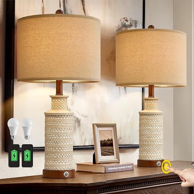 24'' Farmhouse Table Lamp Set of 2 for Bedroom Living Room Vintage Rustic