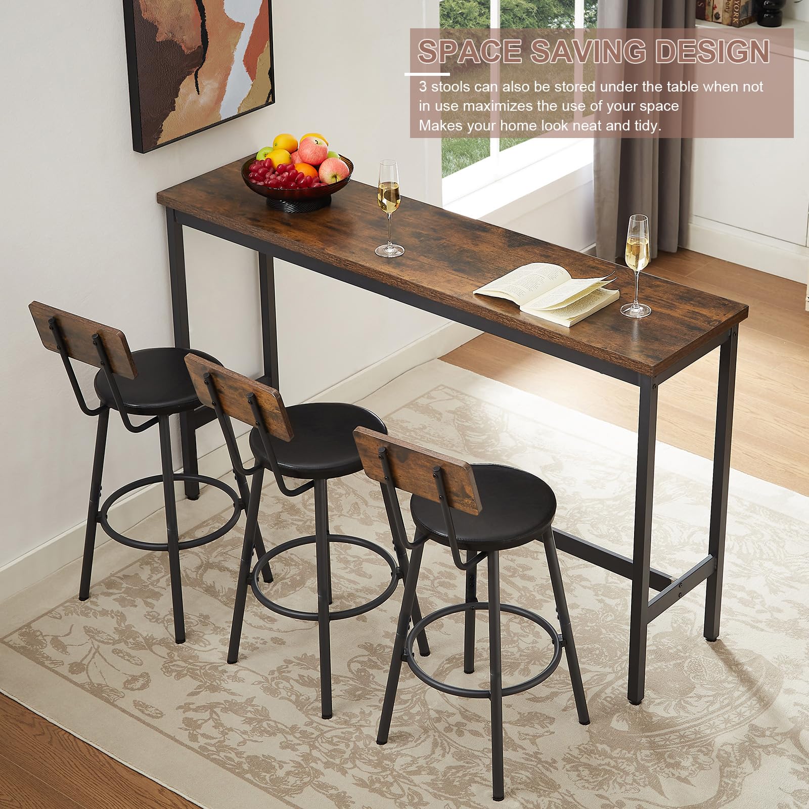 Bar Table and Chairs Set for 3, 63" L Rectangle Bistro Pub Table with 3 PU Upholstered