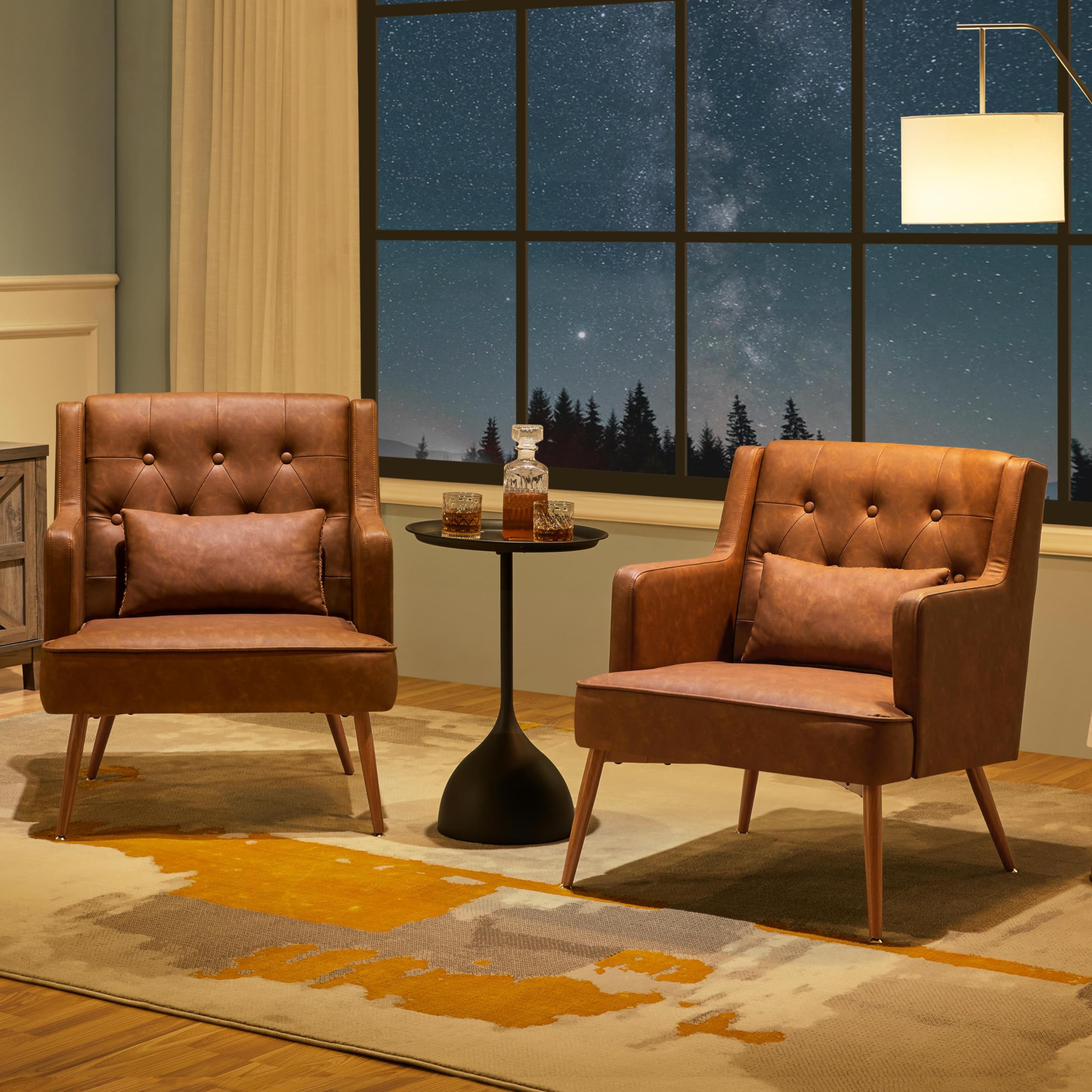 Accent Chair, Living Room Chair Mid Century PU Leather Armchair Lumbar Pillow