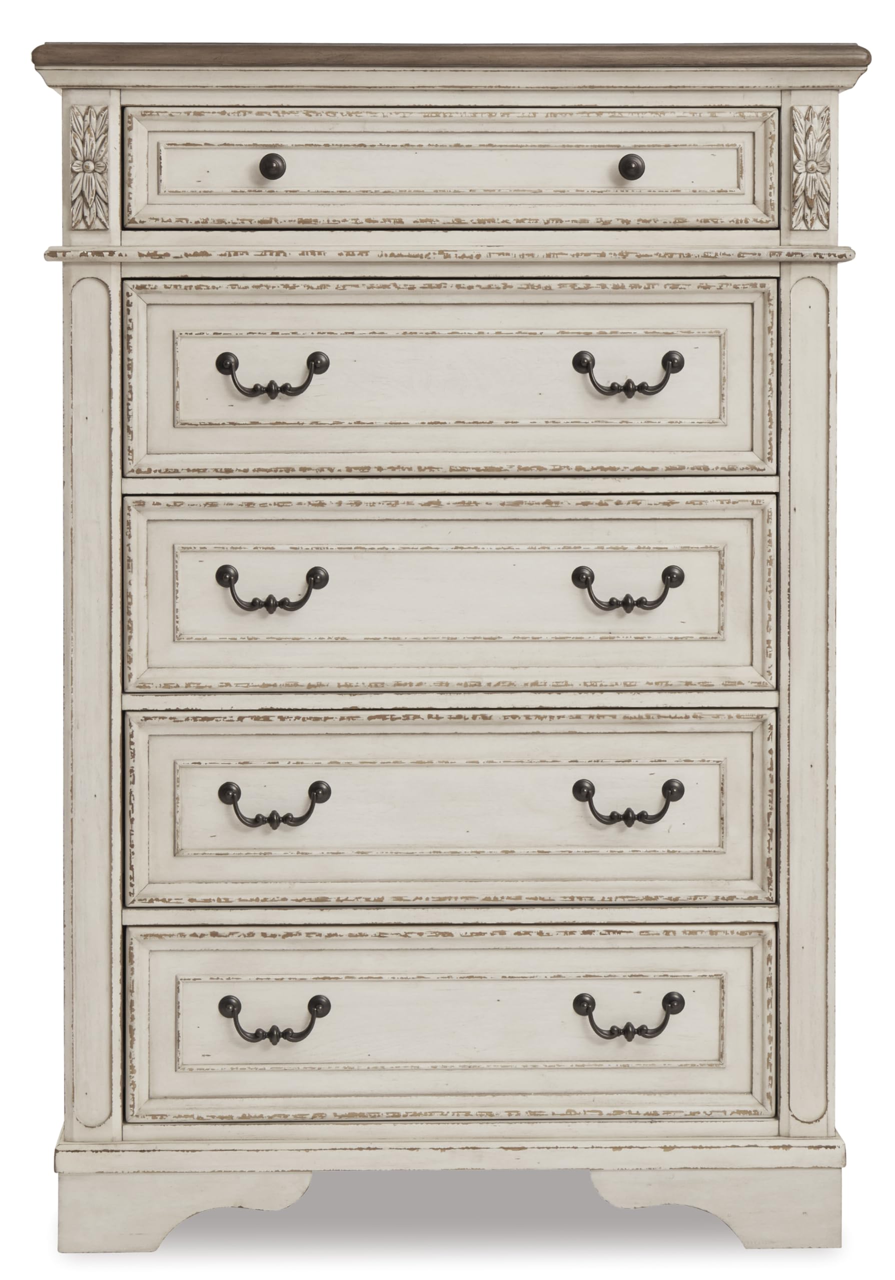 Realyn French Country Two Tone 5 Drawer Chest of Drawers, Chipped White