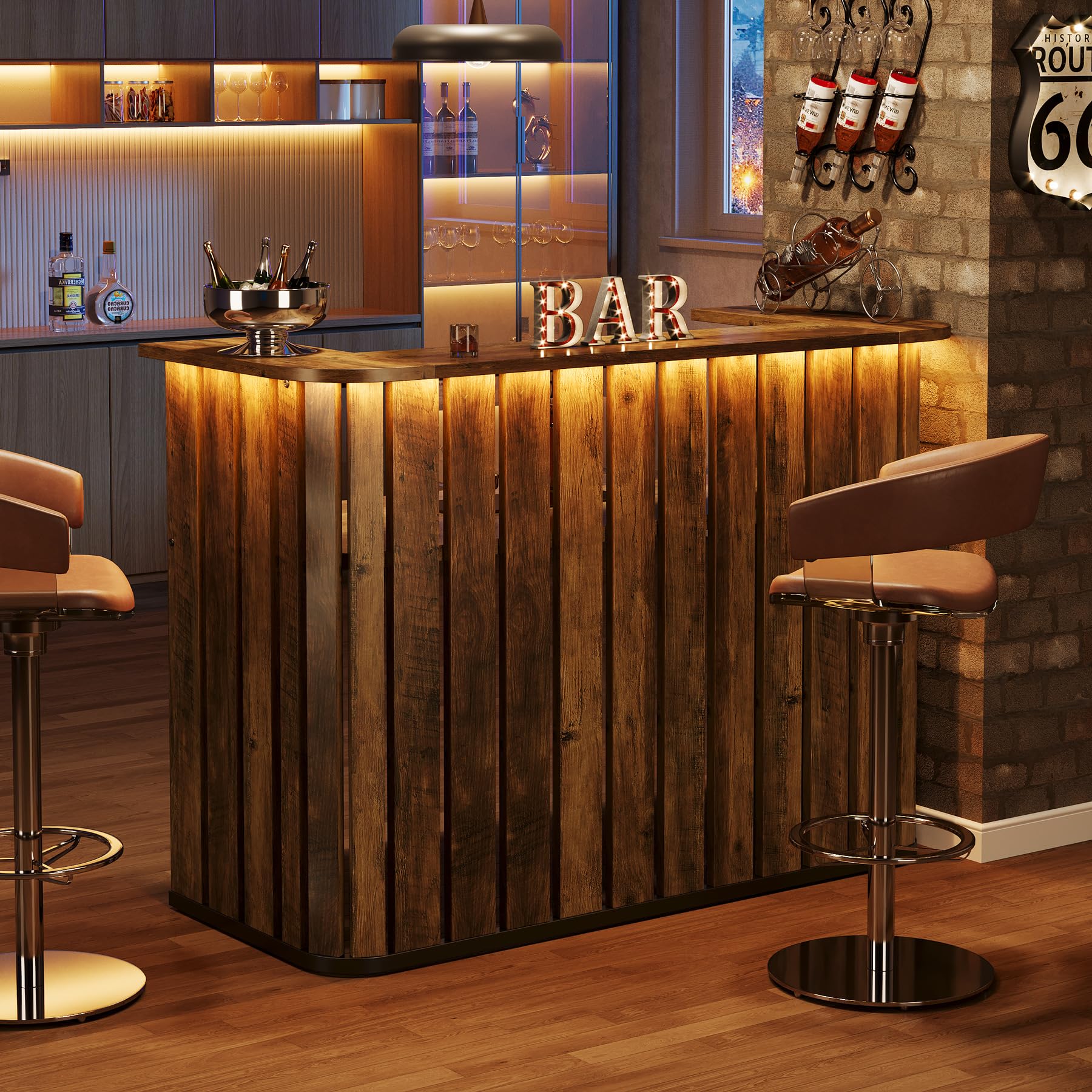 63-Inch Home Bar Unit, Farmhouse Liquor Bar Table with Storage Shelves
