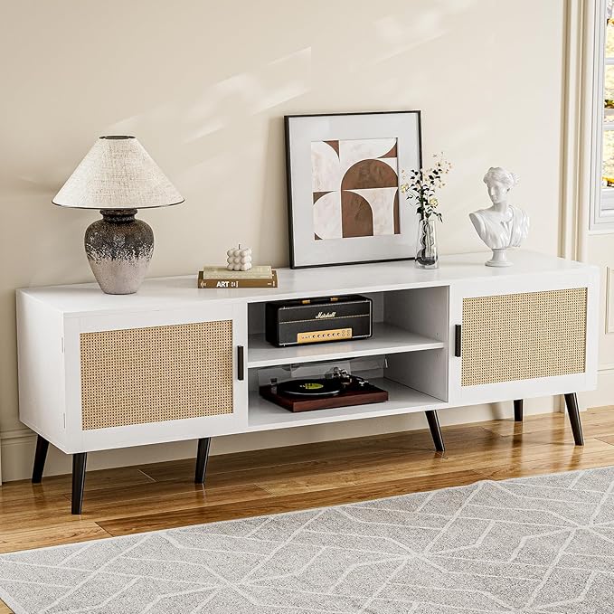 TVs up to 65'', Entertainment Center With Rattan Door, Shelves & 2 Cabinets
