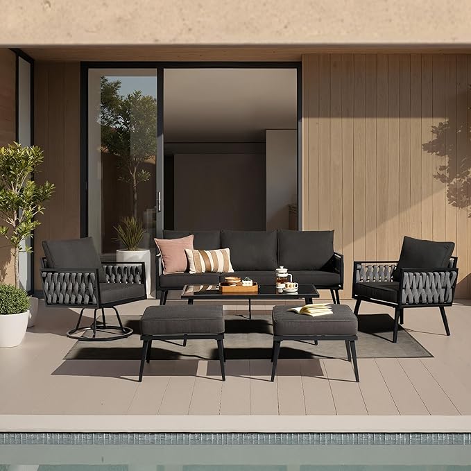 6 Pcs Patio Furniture Sets with Deep Seating, Patio Swivel Chair Thick Cushions