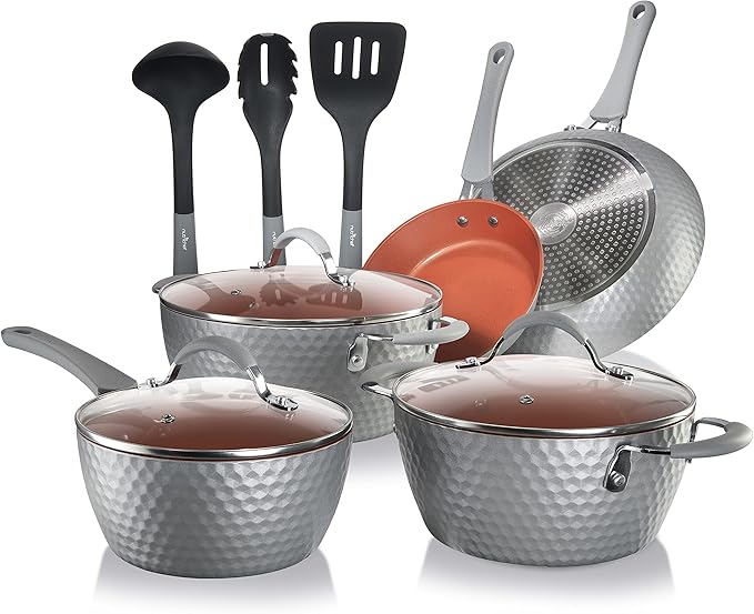 11 Pc Pots and Pans Set Non Stick Cookware with Ceramic Coating, Ergonomic Handles