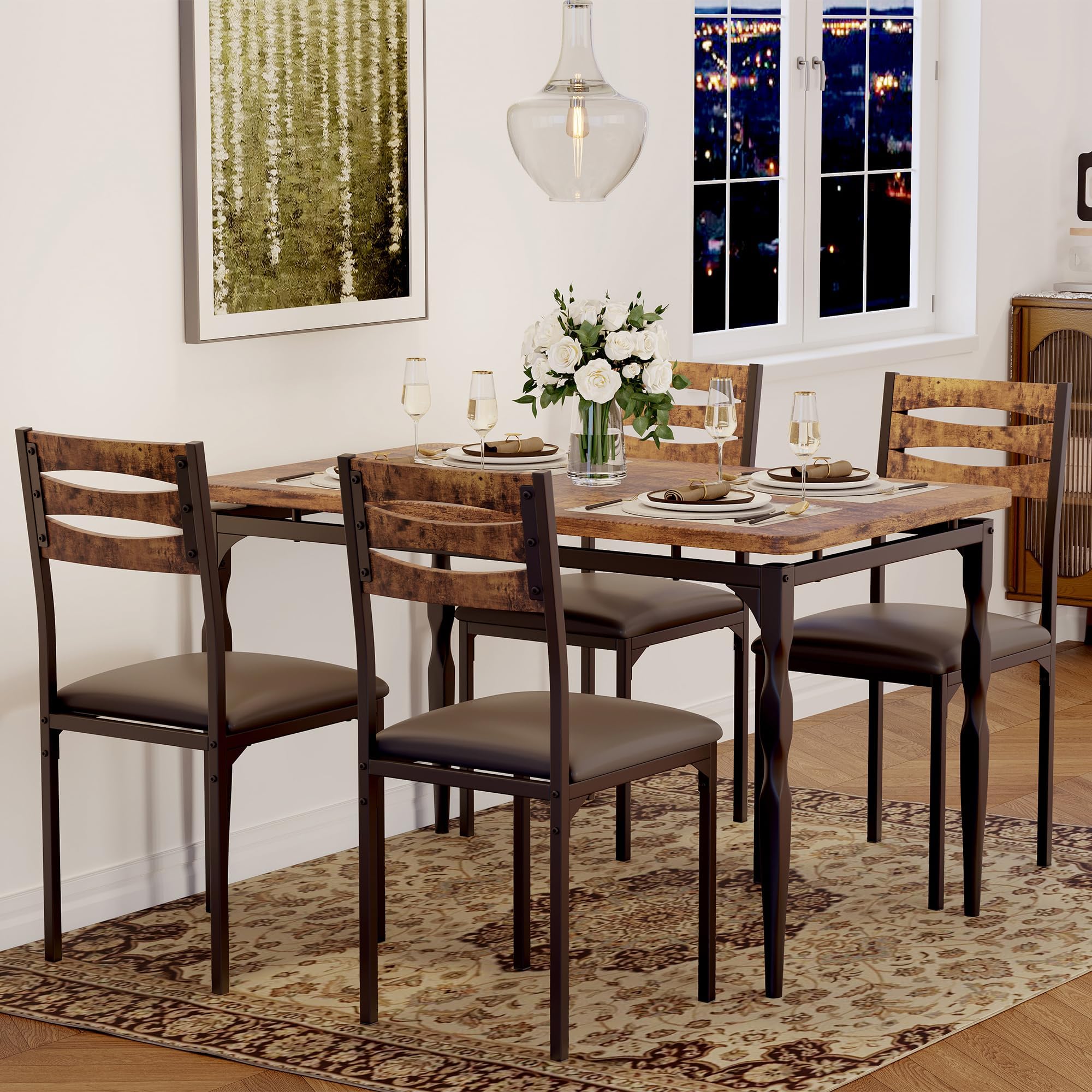 Table Set, 5 Piece Industrial Farmhouse Dining Set for 4