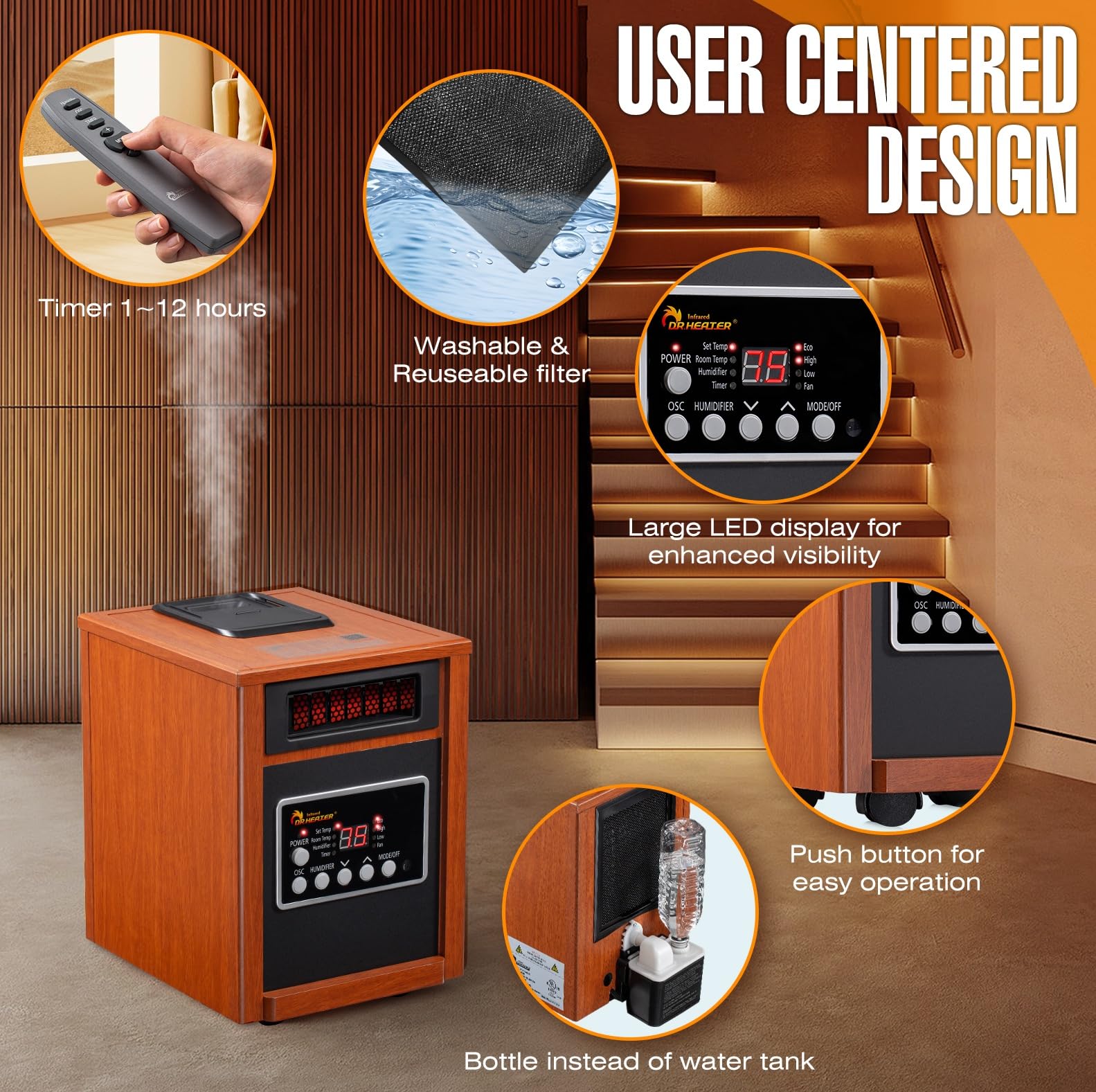 Dr Infrared Heater DR-998, 1500W, Space Heater with Humidifier, Oscillation Fan & Remote Control (Cherry)