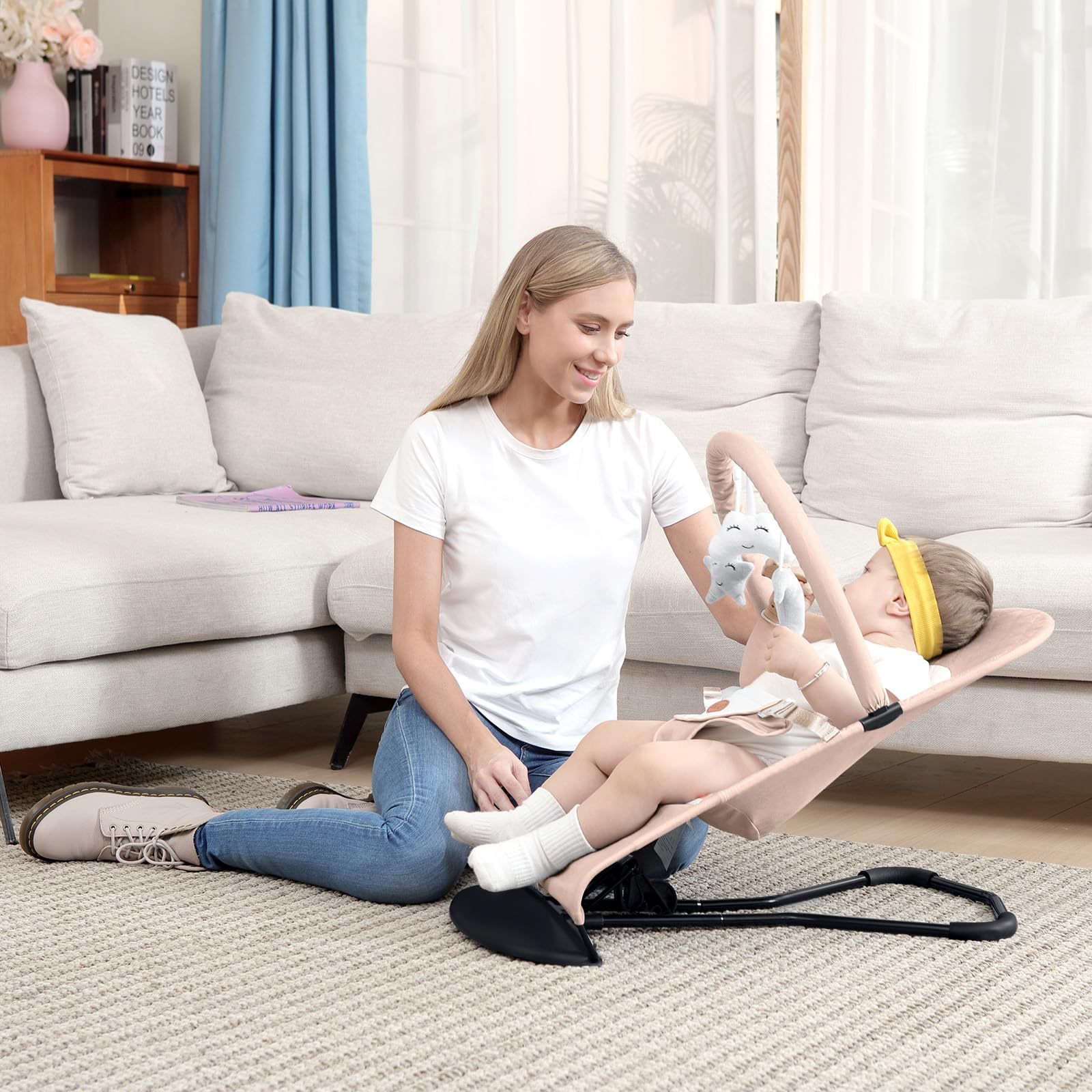 Baby Bouncer, Portable Baby Bouncer Seat for Babies 0-18 Months, 100% Cotton Fabrics