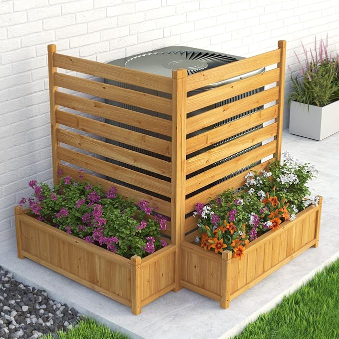 Air Conditioner Fence 3 Panels Outdoor Wood Privacy Screen with Planter Box to Hide