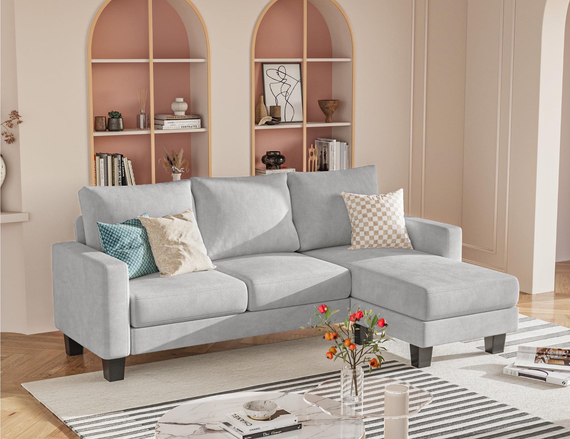 Sofa for Living Room, Couch with Convertible Chaise, 3 Seat L-Shaped Sofas