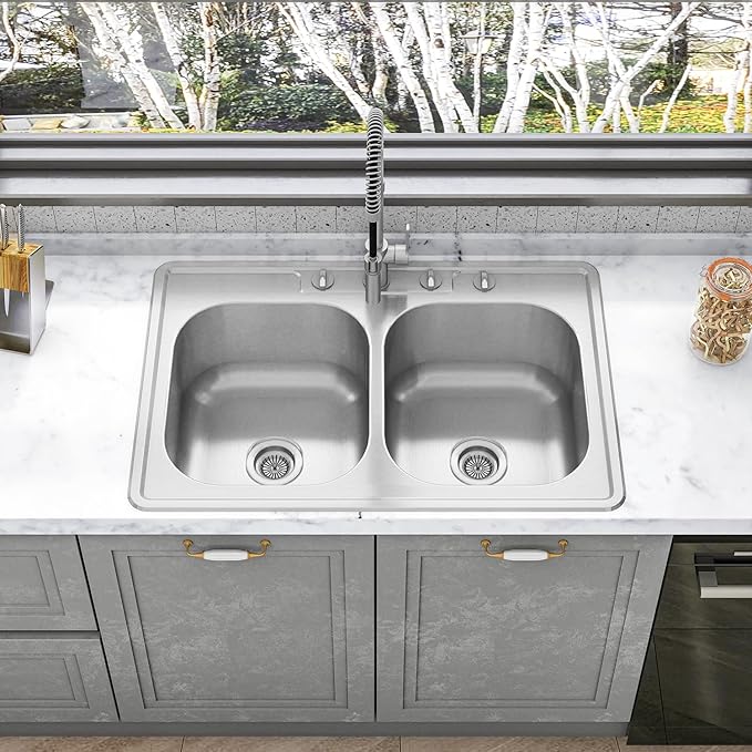HT3322D-9-S 33" x 22" x 9" Drop In Double Bowl Kitchen Sink